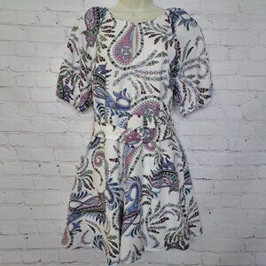 Loft Paisley Linen Puffer Sleeve Belted Dress Size 6